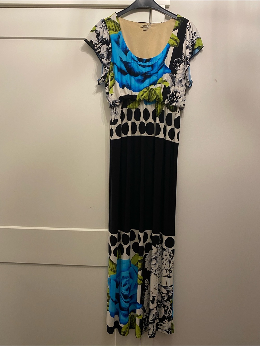 ONE WORLD Blue, Black & Green Floral Maxi Dress with Polka Accents